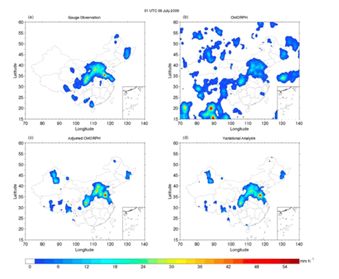 Four maps of hourly precipitation over China: rain gauges, CMORPH, bias-adjusted CMORPH and the variational analysis.